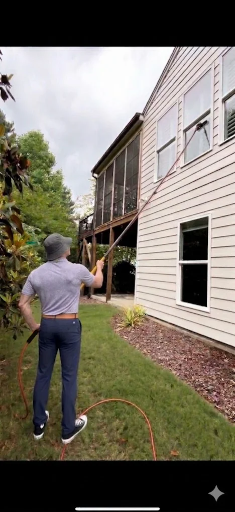 Ryan using a water-fed pole to clean second-story windows